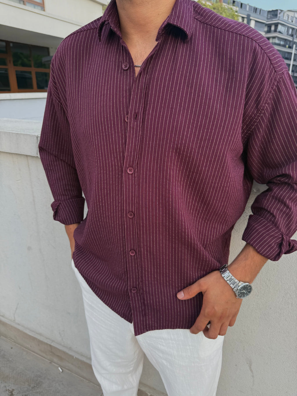 Giesto Oversize Bordo Çizgili Keten Gömlek