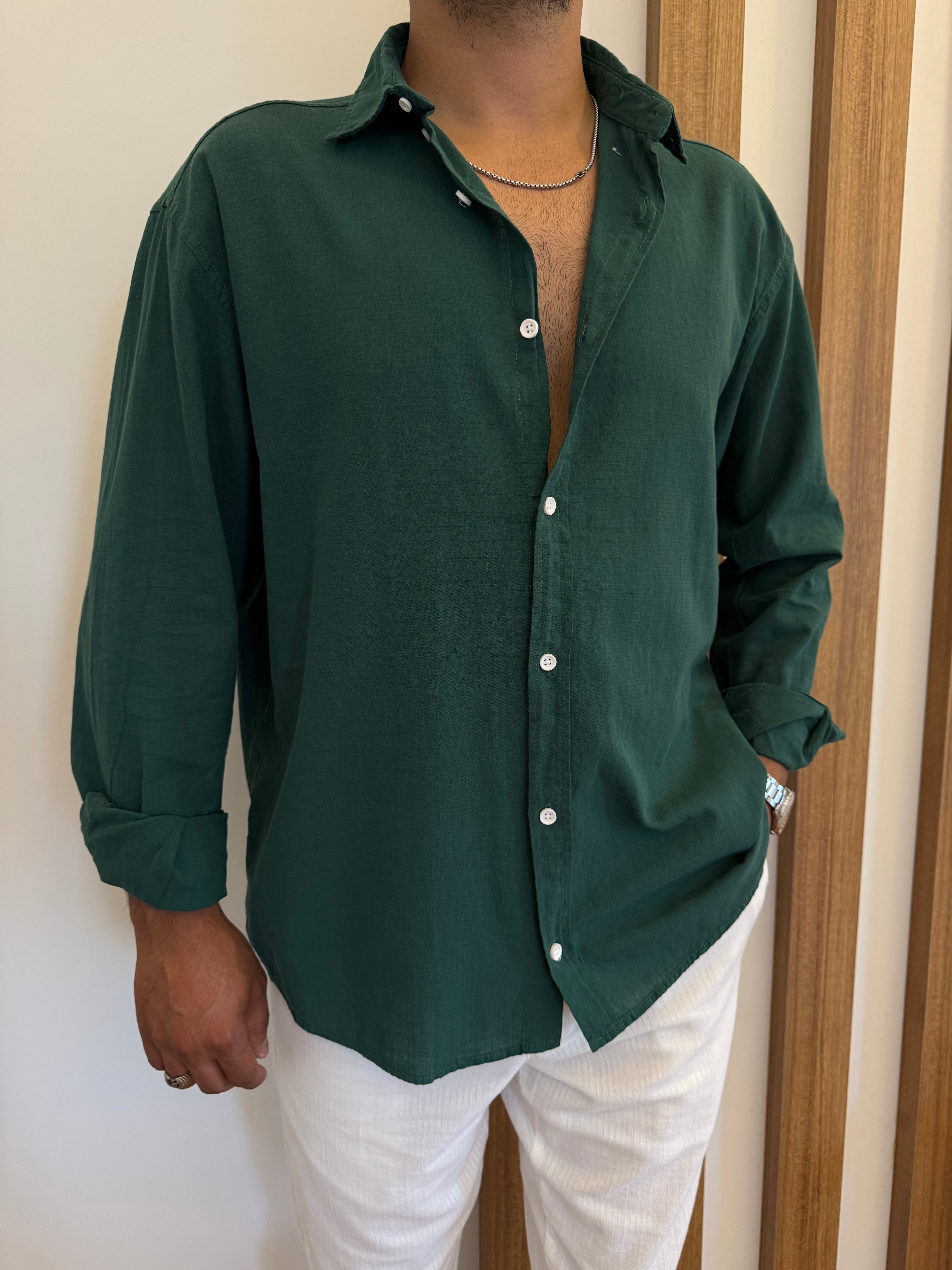Zümrüt Yeşil Fresh Keten Oversize Gömlek