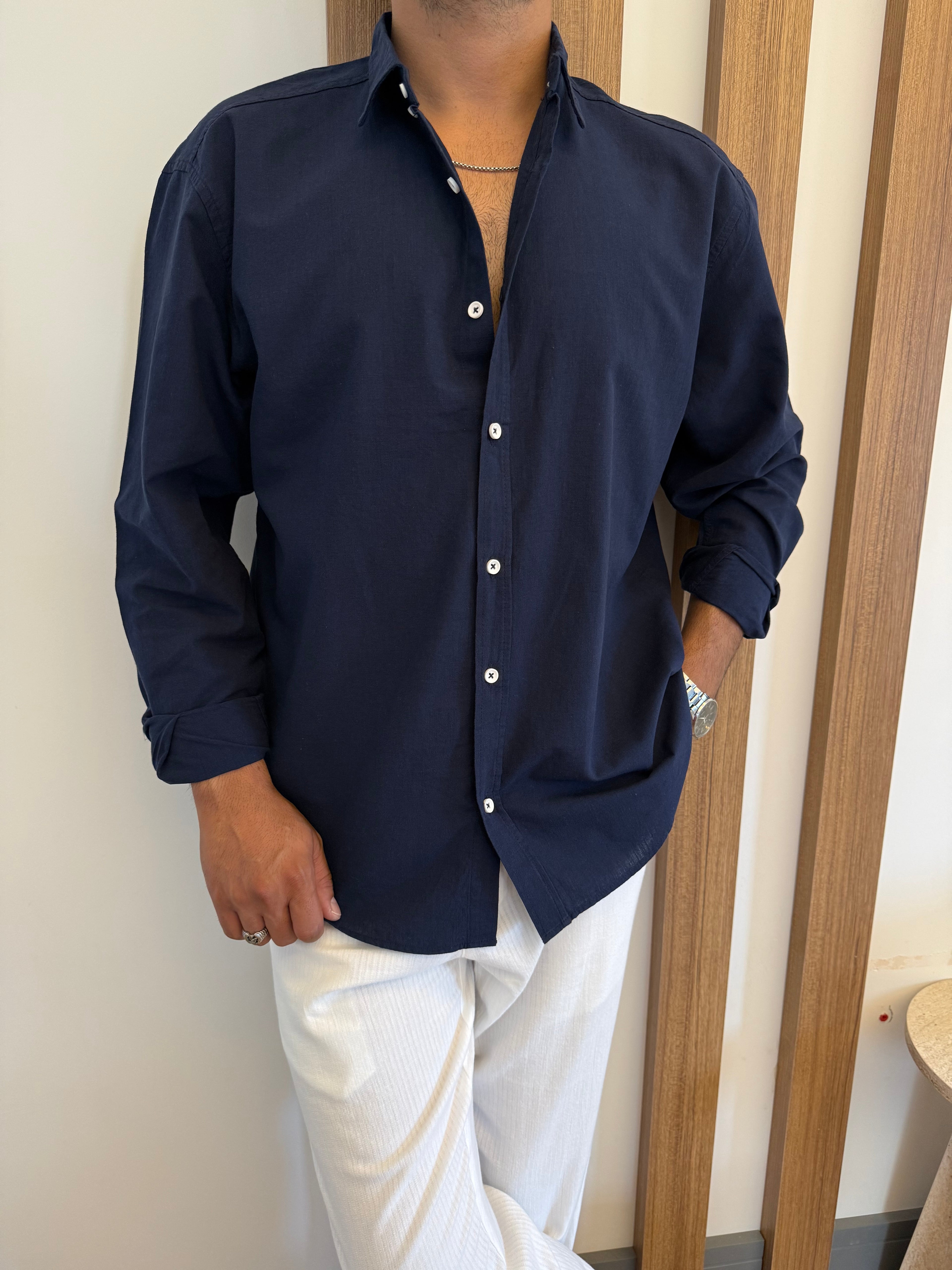 Lacivert Fresh Keten Oversize Gömlek