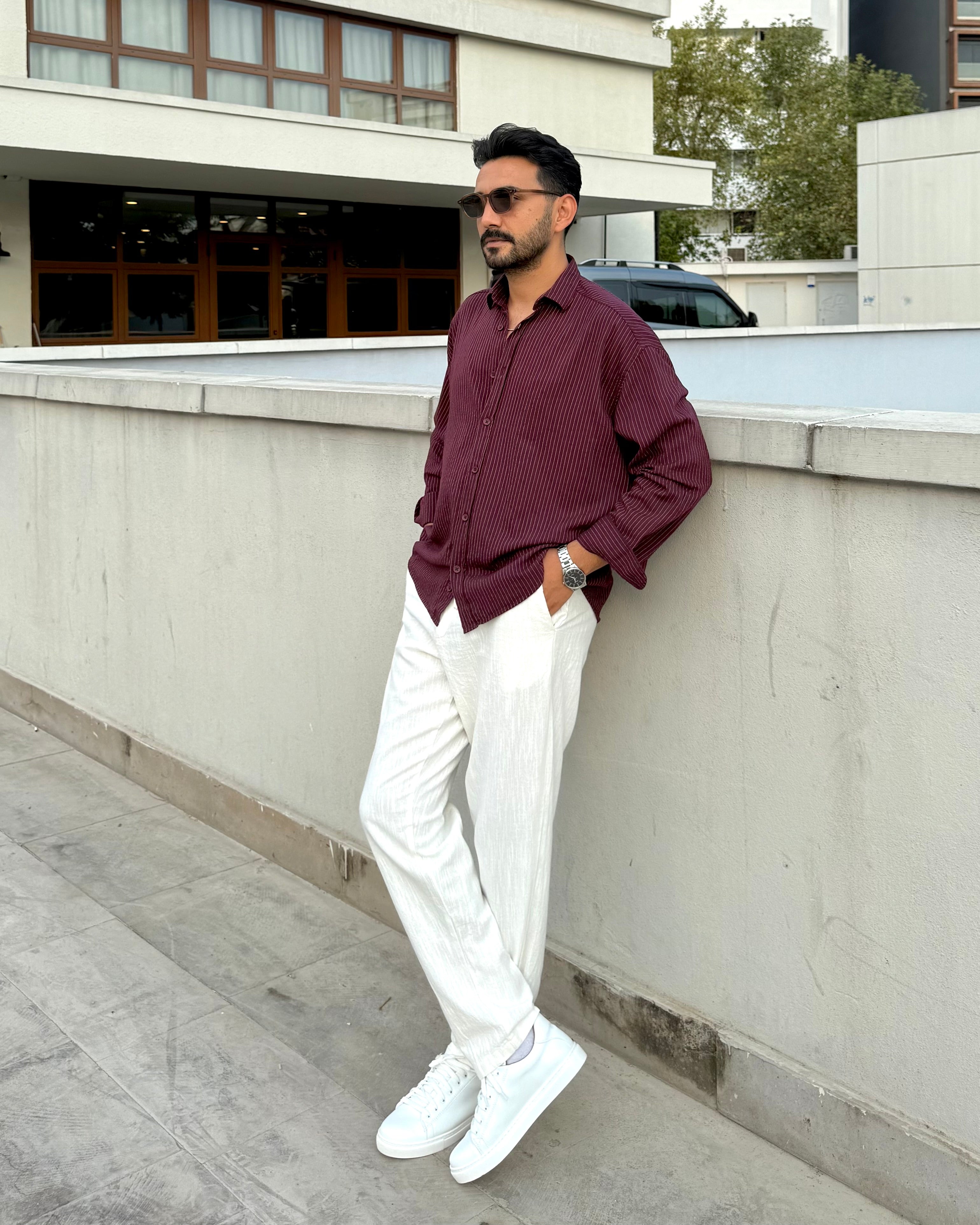 Giesto Oversize Bordo Çizgili Keten Gömlek