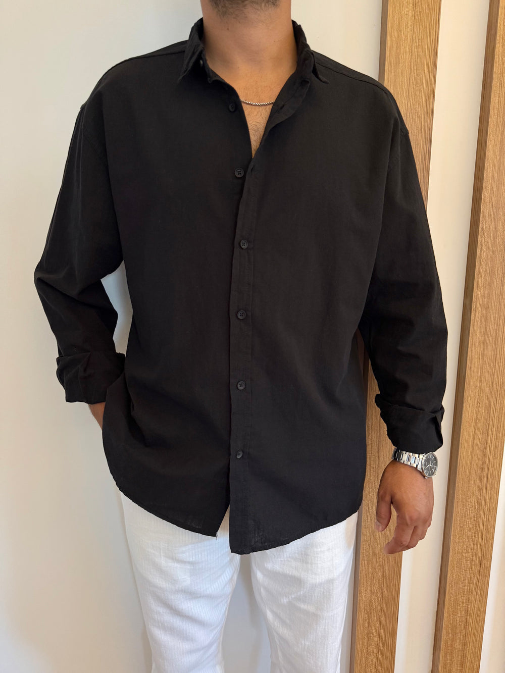 Siyah Fresh Keten Oversize Gömlek