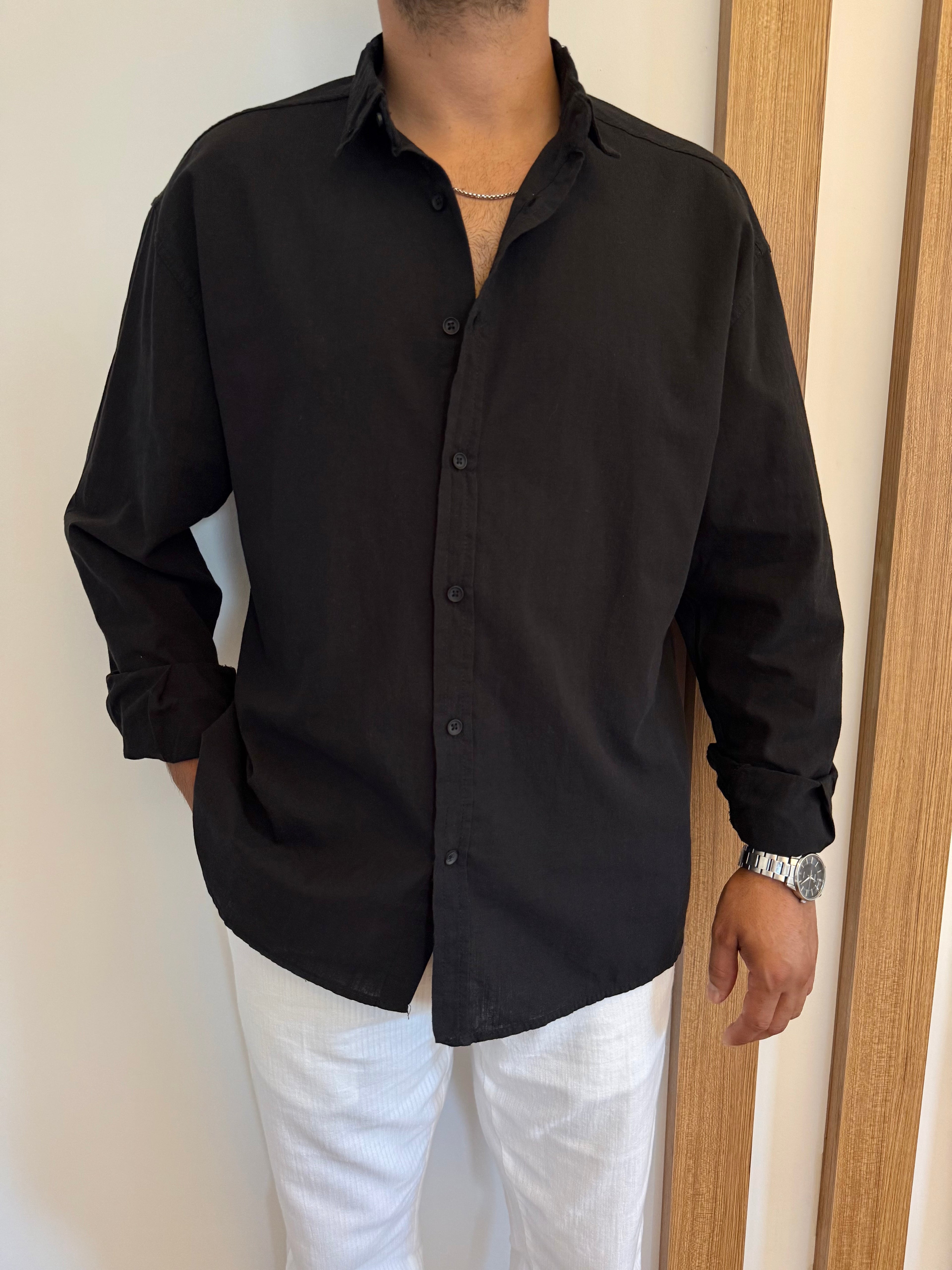 Siyah Fresh Keten Oversize Gömlek
