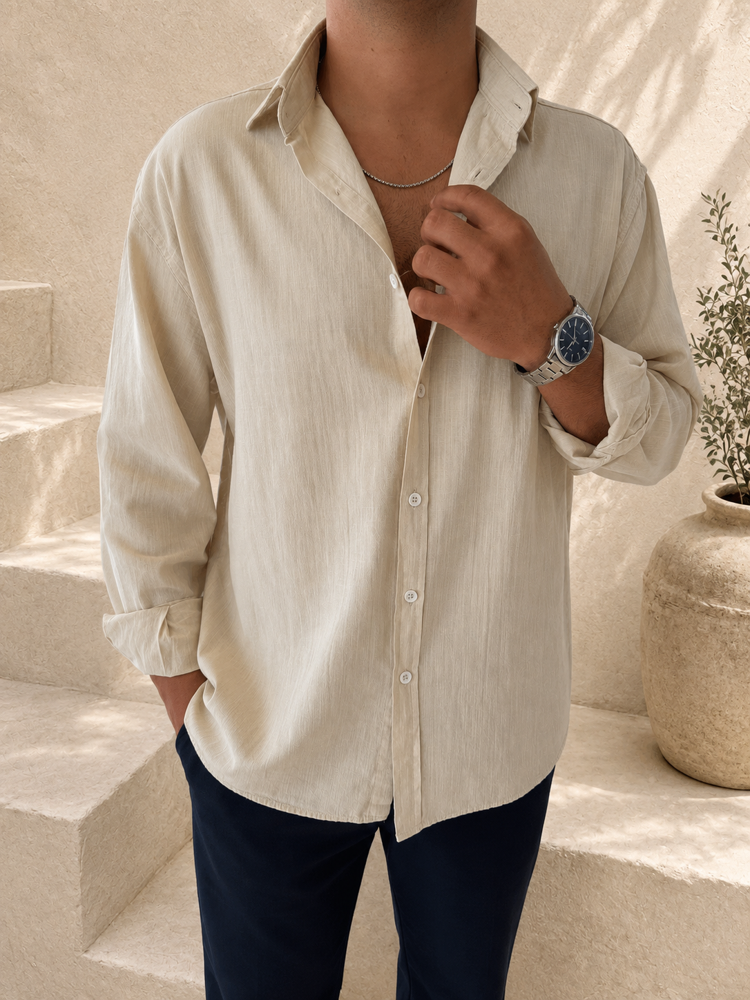 Fresh Keten Kemik Renk Oversize Gömlek