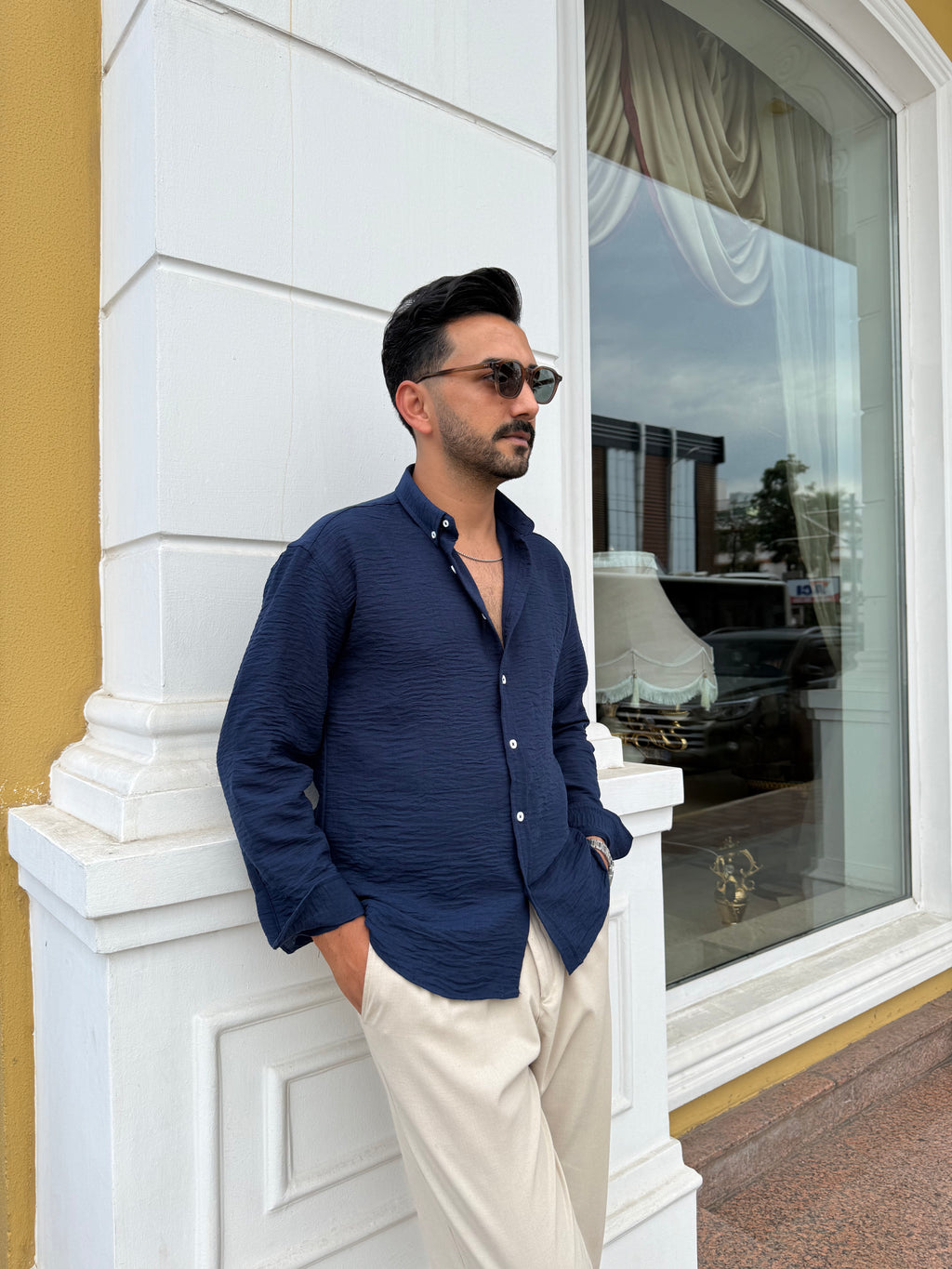 Lacivert GG Gobiş Oversize Keten Gömlek