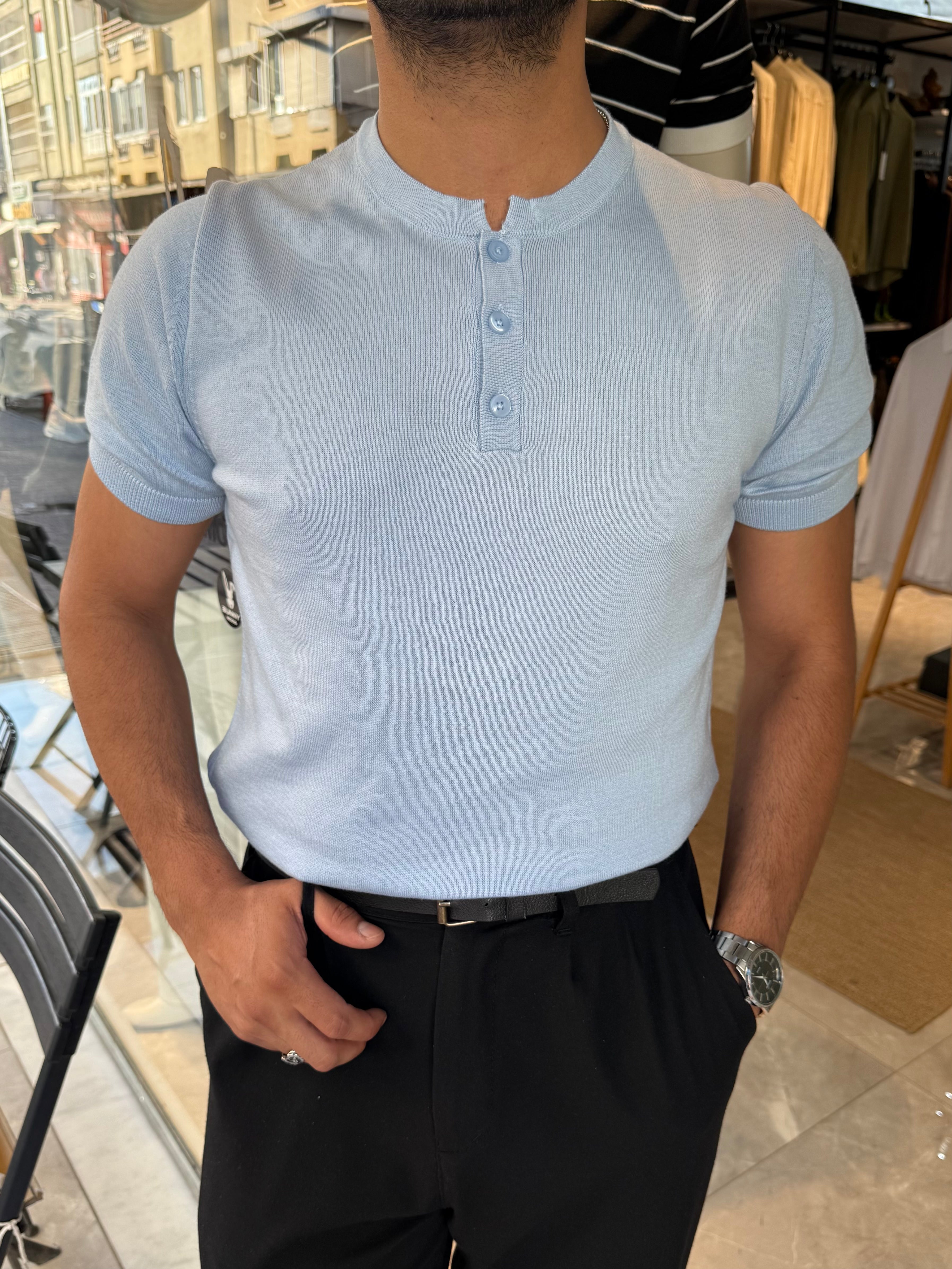 MR Henley Yaka Tişört - Bebe Mavisi