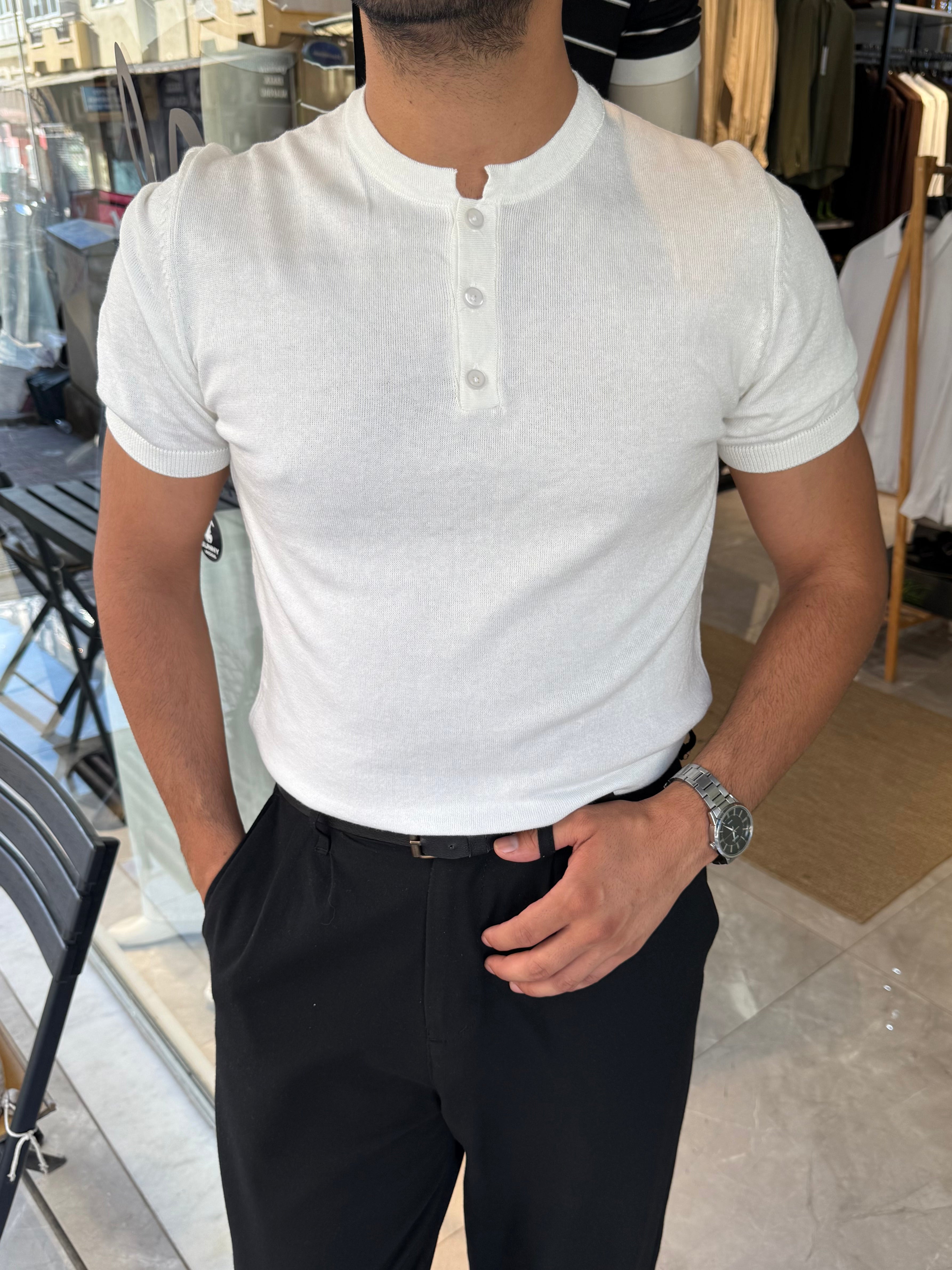 MR Henley Yaka Tişört - Beyaz