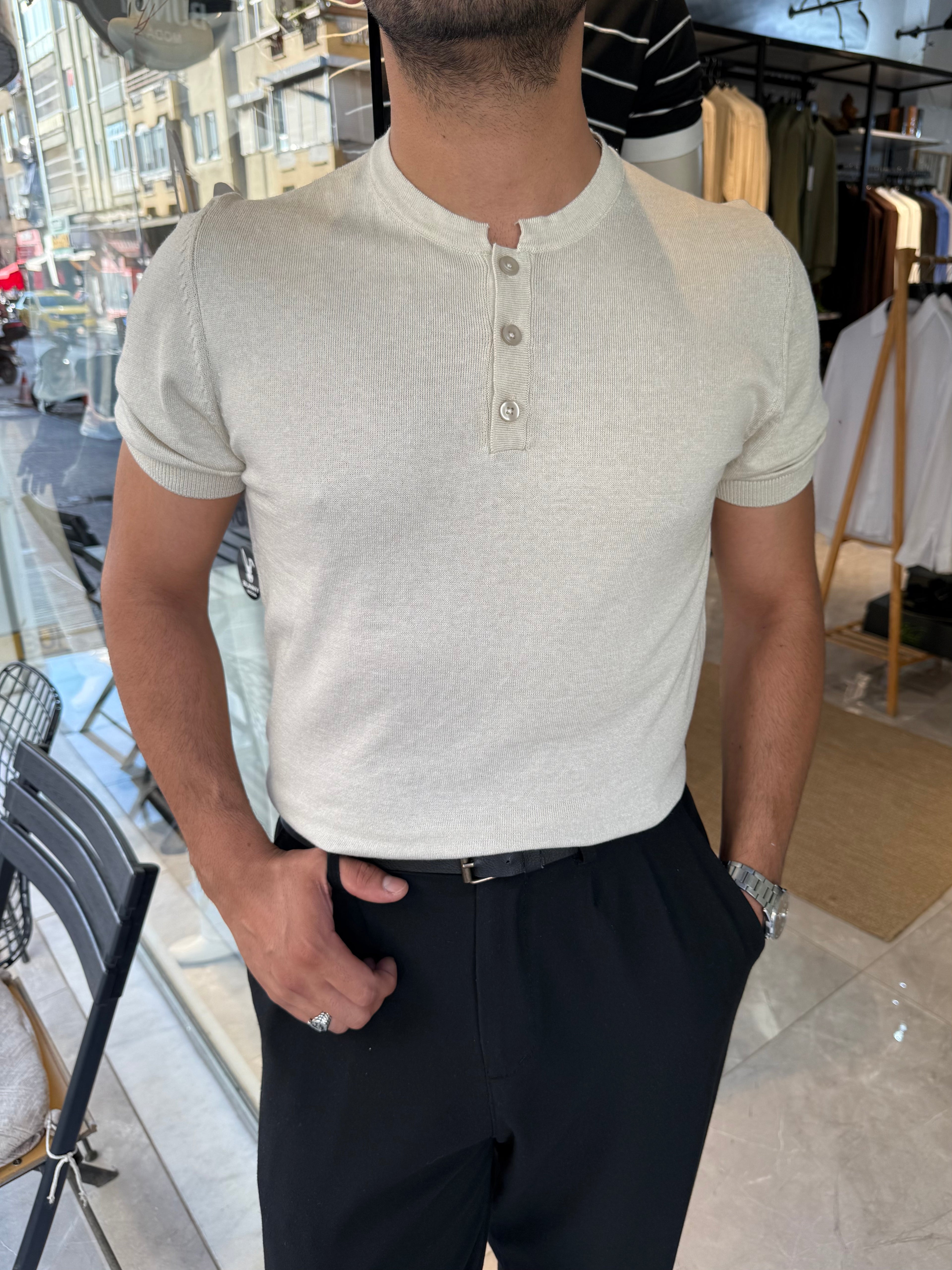 MR Henley Yaka Tişört - Krem