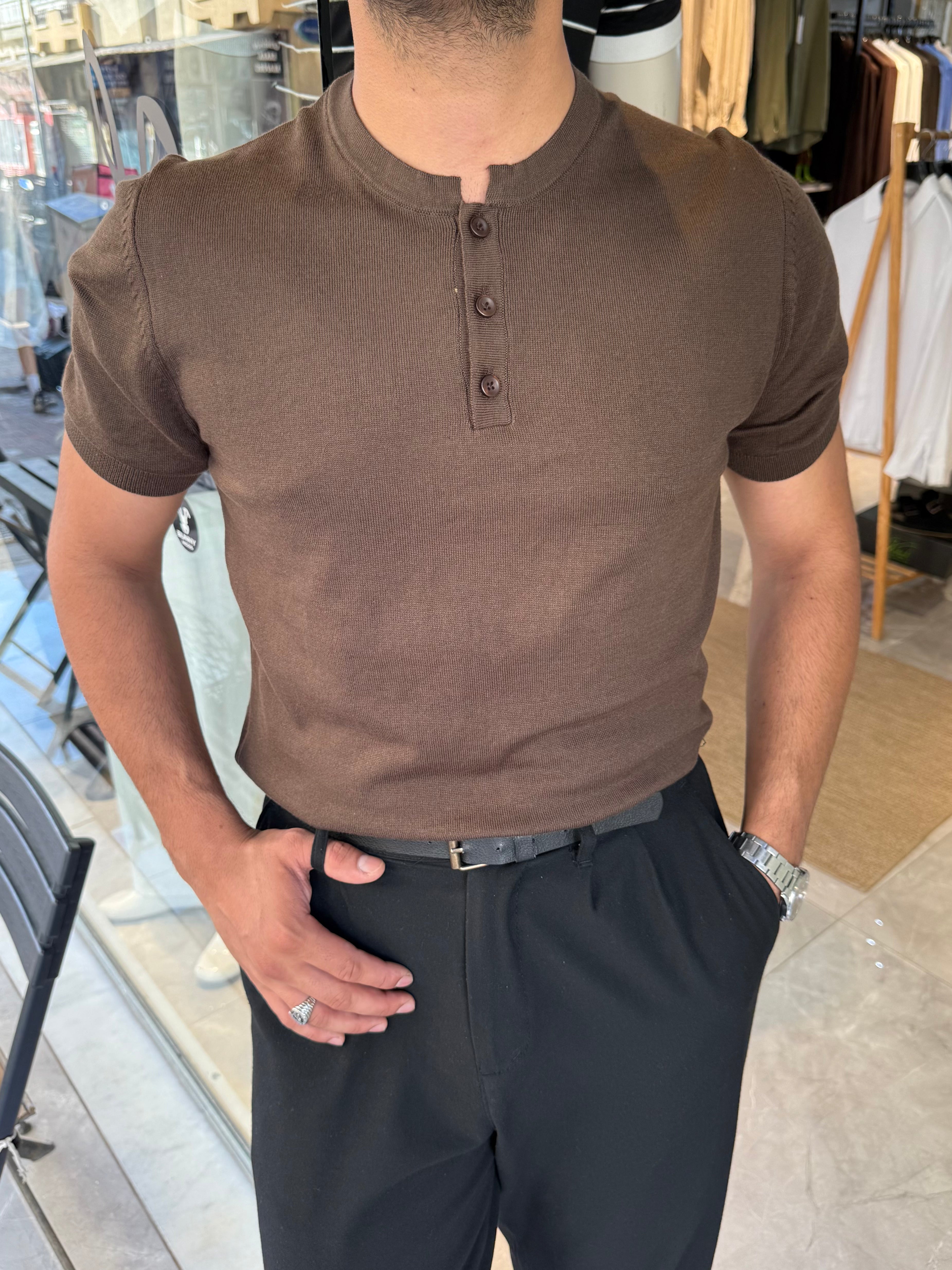 MR Henley Yaka Tişört - Kahve