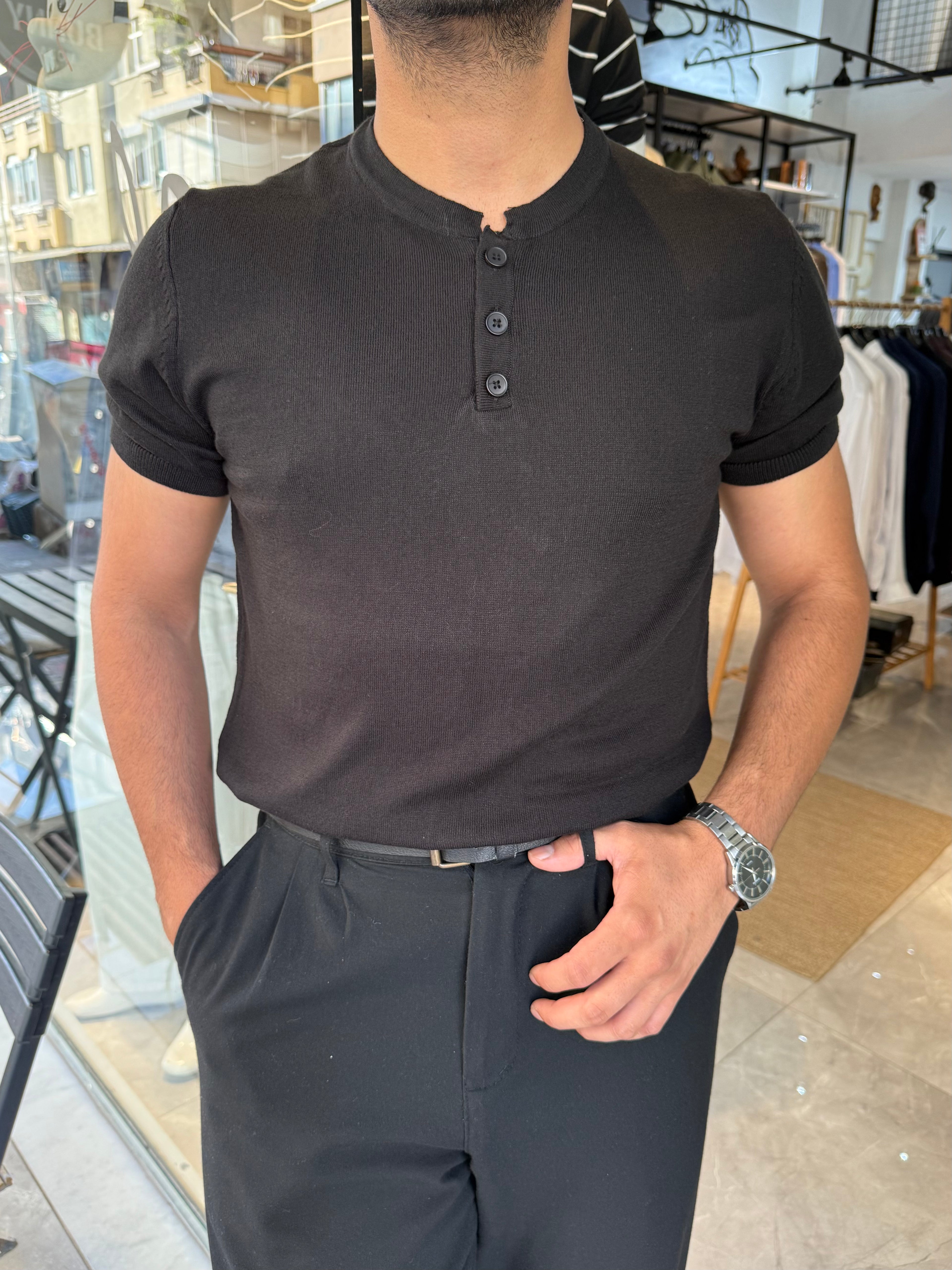 MR Henley Yaka Tişört - Siyah