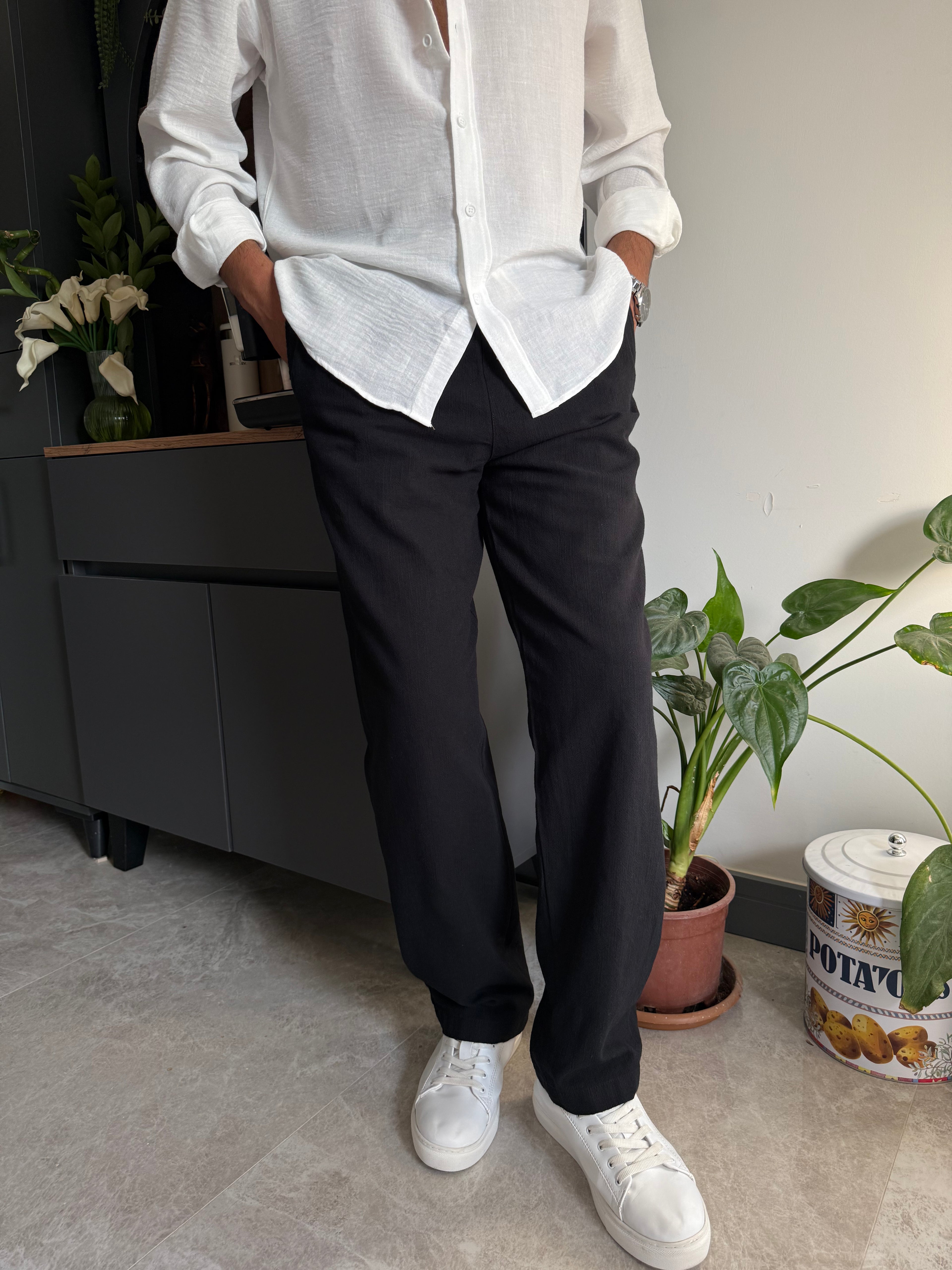 Siyah Basic Baggy Keten Pantolon